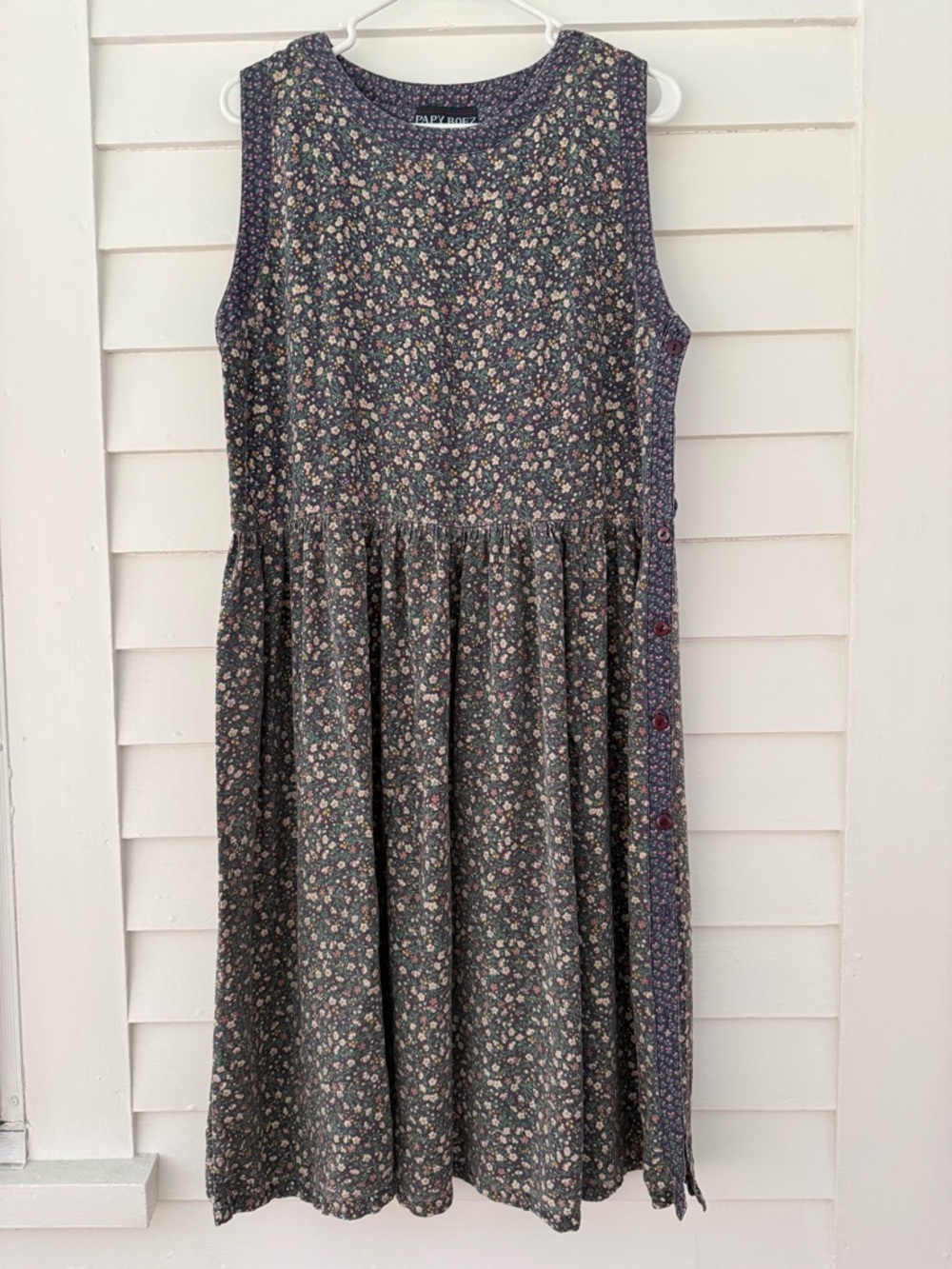 Vintage Floral Prairie Dress Cottagecore Midi Button Side Sleeveless Size Large